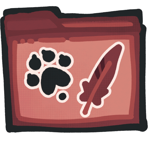 a reddish-brown folder icon. it has a paw print and a feather on the front.